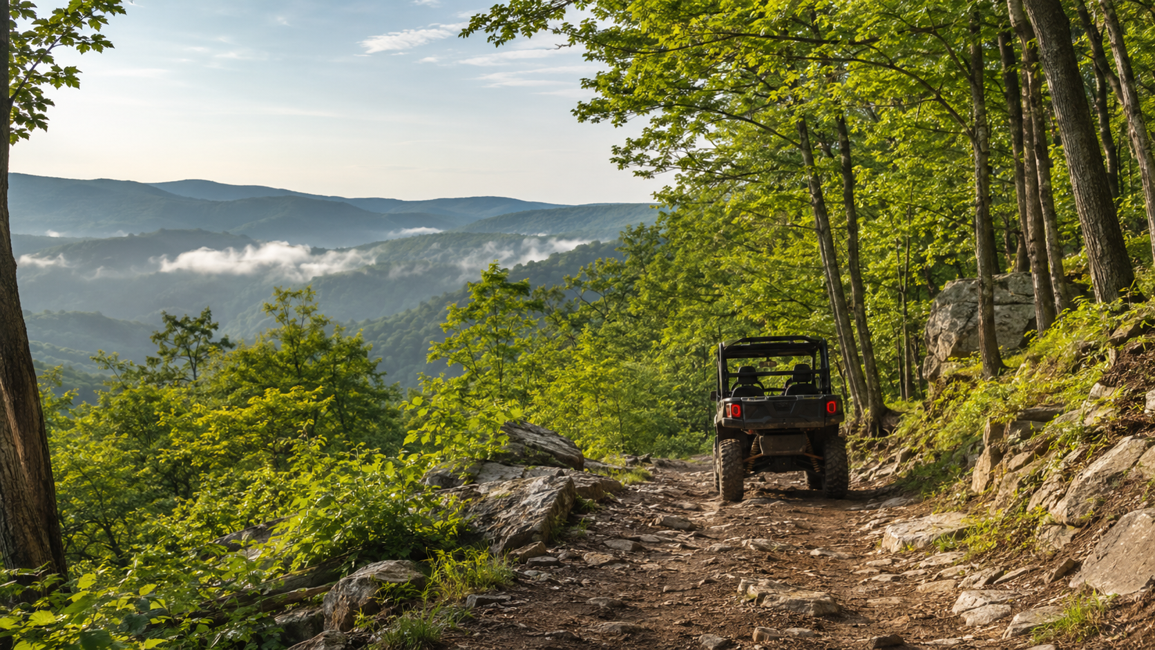 Side-by-side traveling a rocky Appalachian mountain trail